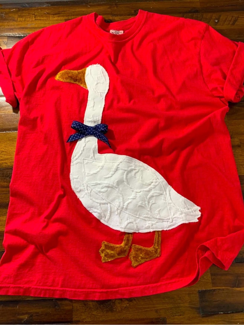 Comfort Colors Red Short Sleeve Tee with Vintage Patchwork White Goose Applique